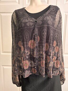 Desigual Sheer Pleated Boho Blouse Small Medallion Print Balloon Sleeve